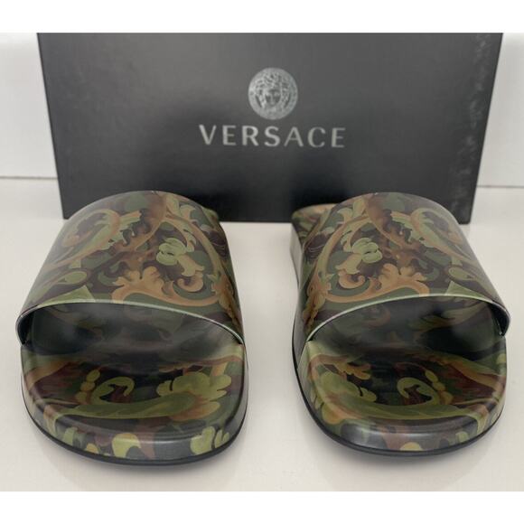 Versace Baroccoflage Slides Sandals Khaki 13 US (46 Euro) IT DSU6516 NIB $395 - Picture 3 of 11